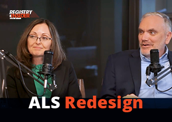 Two individuals sit at microphones, discussing ALS redesign. The setting appears to be a studio or podcast environment.
