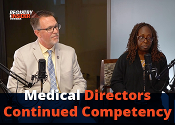 Two individuals sit in a studio setting with microphones, discussing "Medical Directors Continued Competency."