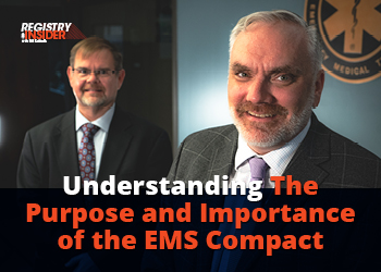 Two men are smiling in a professional setting, with a title about the EMS Compact prominently displayed.