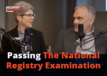 Two individuals are seated with microphones, discussing "Passing The National Registry Examination." The setting appears to be a studio.