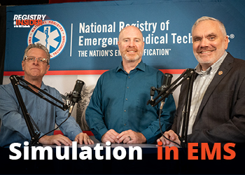 Three men stand in front of a backdrop featuring the National Registry of Emergency Medical Technicians, discussing "Simulation in EMS."