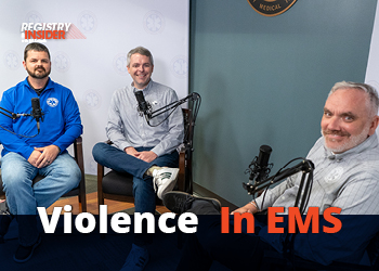 Three men sit in a studio with microphones, discussing "Violence in EMS." The setting is professional, with a logo in the background.