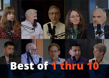 A collage of eight people speaking into microphones, with the text "Best of 1 thru 10" prominently displayed.