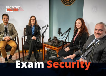 A group of four individuals seated in a studio setting, discussing "Exam Security," with microphones and a backdrop featuring a logo.
