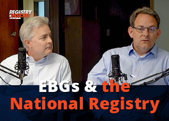 Two men sit at microphones discussing "EBGs & the National Registry" in a studio setting.