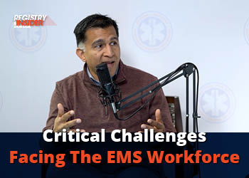 A man speaks into a microphone during a podcast about challenges in the EMS workforce, with a logo in the background.