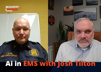 Two men are discussing "AI in EMS." One is in uniform, while the other is in a sweater. Text overlay includes "Ai in EMS with Josh Tilton."