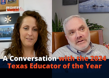 A split-screen image featuring two individuals engaged in a conversation, with text highlighting "A Conversation with the 2024 Texas Educator of the Year."