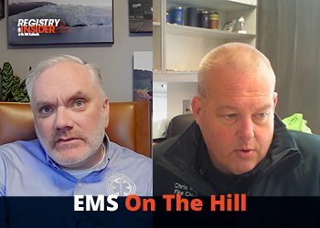 Two men are engaged in a video call, discussing EMS topics. One is in an office setting, while the other is in a more casual environment.