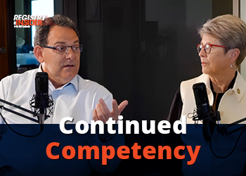 Two individuals are seated with microphones, discussing a topic titled "Continued Competency."