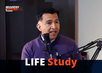 A man speaks into a microphone during a podcast, with "LIFE Study" text overlaying the image.