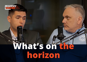 Two men sit at microphones, discussing a topic. Text overlay reads, "What's on the horizon."