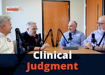 Four men sit around a table with microphones, discussing "Clinical Judgment" in a professional setting.